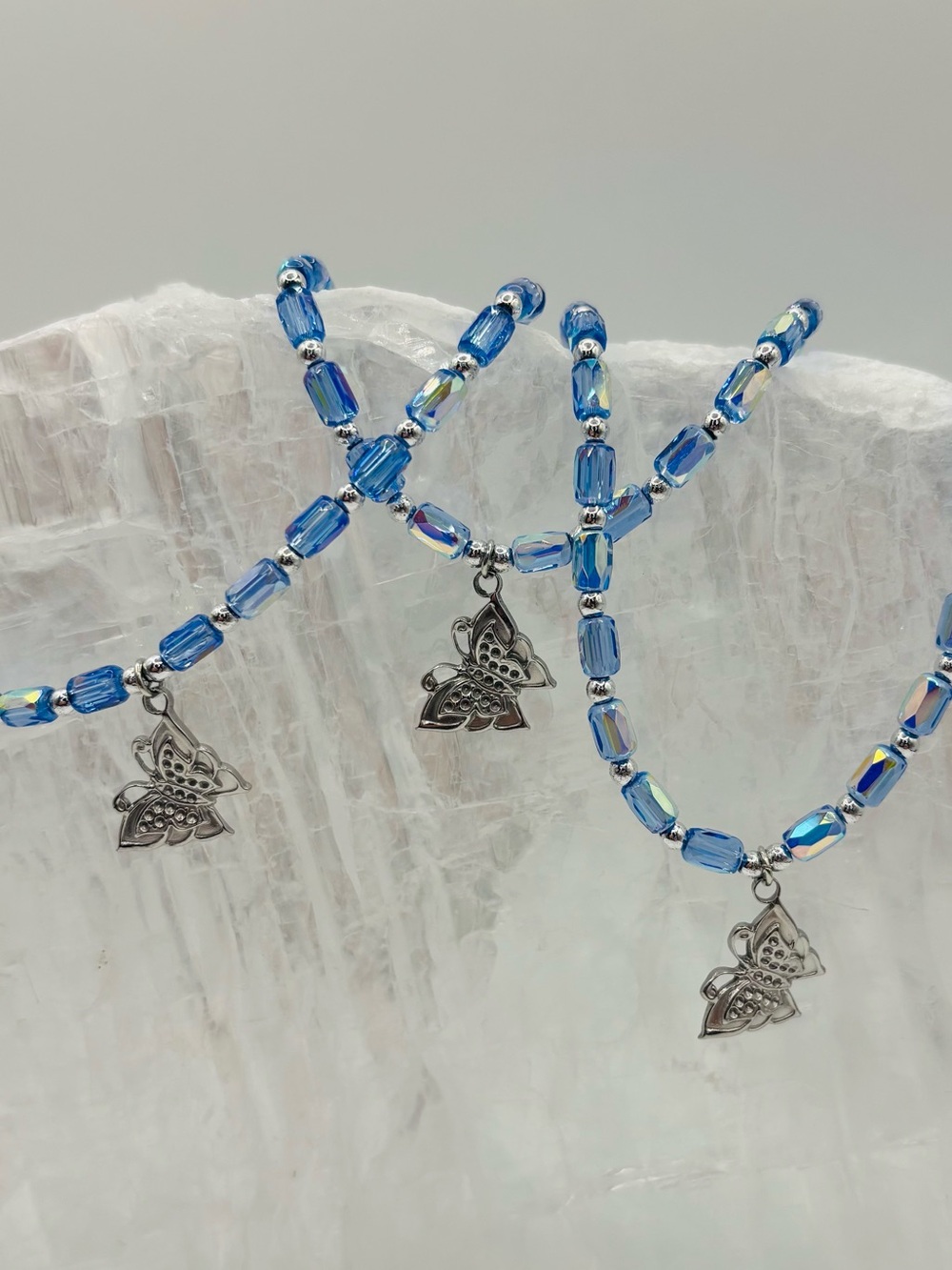 *ANKLET* S. Steel Silver Butterfly with AB Blue Crystal Stretchy Anklet